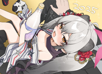 1boy 1girl 2025 ahoge alcohol animal_ears aotan_(aorin114) blue_archive blush bottle breasts brown_eyes commentary_request downblouse drunk fang formal_clothes from_above gradient_background grey_hair hair_ornament halo highres holding holding_bottle japanese_clothes kimono lapels legs long_hair michiru_(blue_archive) new_year nipples nose_blush open_mouth print_kimono purple_scarf sake sake_bottle scarf sensei_(blue_archive) shuriken_print sitting sitting_on_lap sitting_on_person small_breasts squeans suit sweat yellow_background