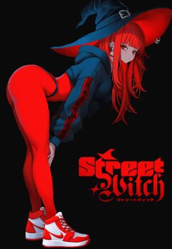 1girl ass bent_over black_background black_hoodie bodysuit closed_mouth commentary cropped_hoodie ear_piercing earrings english_text expressionless from_side full_body hands_on_own_knees hat highres hood hoodie jewelry long_hair long_sleeves looking_at_viewer original pantyhose piercing red_bodysuit red_eyes red_hair shoes sneakers solo two-sided_fabric two-sided_headwear val_(yan_kodiac) witch_hat yan_kodiac