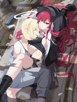 Rule 34 | 2girls, absurdres, altyn helmet, arms up, bike shorts, biker clothes, biker gang boss (blue archive), bikesuit, black bra, black helmet, blonde hair, blue archive, bodysuit, boots, bound, bound wrists, bra, clenched teeth, clothes lift, combat helmet, grabbing another's breast, grey sailor collar, groping, halo, helmet, highres, jacket, kokolokokomika, long hair, lying, multiple girls, open clothes, open jacket, rabu (blue archive), red hair, red halo, sailor collar, sharp teeth, shirt lift, teeth, underwear, yuri