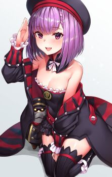 1girl automaton_(object) bare_shoulders belt black_legwear breasts cleavage colonel_olcott_(fate) detached_collar doll dress fate/grand_order fate_(series) female_focus hat helena_blavatsky_(fate) helena_blavatsky_(third_ascension)_(fate) highres jacket kaerunoko looking_at_viewer off_shoulder open_mouth purple_eyes purple_hair salute sefirot short_hair small_breasts smile solo strapless strapless_dress