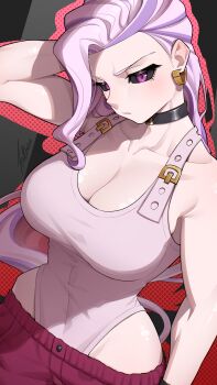 1girl absurdres belt_collar black_choker black_sclera breasts choker cleavage collar collarbone colored_sclera commentary commentary_request covered_navel earrings english_commentary gold_earrings highres jewelry jujutsu_kaisen large_breasts leotard long_hair mixed-language_commentary multicolored_hair purple_eyes purple_hair solo streaked_hair tettora uro_takako