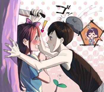 Rule 34 | !, 1girl, 2boys, ?, antenna hair, arm up, aubrey (headspace) (omori), aubrey (omori), black tank top, blue shirt, blush, bow, checkered clothes, chibi, chibi inset, closed mouth, colored skin, commentary request, double-parted bangs, flying sweatdrops, hair bow, hector (omori), highres, holding, holding knife, kel (headspace) (omori), kel (omori), knife, long hair, long shirt, looking at another, multiple boys, omori, omori (omori), open mouth, pink bow, purple eyes, purple hair, shirt, short hair, short sleeves, shorts, shousan (hno3syo), sidelocks, speech bubble, spoken question mark, sprout mole, striped clothes, striped shorts, sweatdrop, t-shirt, tank top, translation request, vertical-striped clothes, vertical-striped shorts, white shorts, white skin