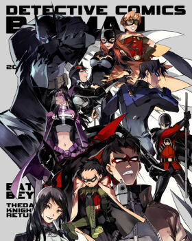 5girls 6+boys barbara_gordon bat_symbol batgirl batman batman_(series) belt black_hair blonde_hair blue_eyes boots bow bowtie brothers bruce_wayne cape carrie_kelley catwoman clothing_cutout damian_wayne dc_comics dick_grayson domino_mask everyone eye_mask family father_and_son frown gauntlets goggles green_footwear gun helena_bertinelli huntress_(dc) jason_todd mask multiple_boys multiple_girls navel_cutout nightwing orange_hair pole red_hair red_hood_(dc) red_robin robin_(dc) shoes siblings starshadowmagician stick teeth terry_mcginnis tim_drake utility_belt weapon zatanna_zatara