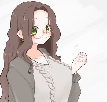 1girl blush breasts brown_hair cardigan closed_mouth earrings floating_earrings forehead glasses green_eyes grey_cardigan grey_sweater hand_up heart heart_earrings jewelry large_breasts long_hair long_sleeves looking_at_viewer olto_rondo open_cardigan open_clothes original semi-rimless_eyewear simple_background solo sweater under-rim_eyewear upper_body white_background