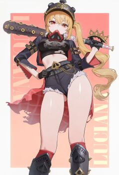1girl ai-assisted arm_belt baseball_bat belt black_belt black_boots black_gloves black_helmet black_jacket black_shirt black_shorts blonde_hair boots border breasts character_name commentary eyelashes gloves gluteal_fold hair_between_eyes hand_on_own_hip helmet highres holding holding_baseball_bat jacket legs long_hair long_sleeves looking_at_viewer luciana_de_montefio mask mask_around_neck medium_breasts midriff mole mole_on_thigh open_clothes open_jacket pink_background poki_(j0ch3fvj6nd) print_shirt red_eyes red_socks serious shirt short_shorts shorts side_ponytail sidelocks socks solo spiked_boots spiked_helmet thighs torn_clothes v-shaped_eyebrows white_border zenless_zone_zero