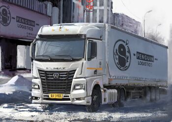absurdres arknights box_truck commentary_request grey_sky highres kamaz_54901 lamppost license_plate motor_vehicle no_humans outdoors penguin_logistics_(arknights) radio_antenna semi_truck sky snow trailer truck vehicle_focus winter yukikaze_supersylph