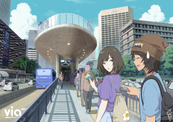 6+boys 6+girls aldo_(yudhacakranidji) backpack bag black_hair blue_hat blue_pants blue_shirt blue_sky building bus car city cityscape closed_eyes cloud day hat highres indonesia looking_at_another looking_back motor_vehicle multiple_boys multiple_girls nayla_(yudhacakranidji) original outdoors pants purple_shirt queue road shadow shirt short_hair sky skyscraper standing sweatdrop traffic transjakarta yudhacakranidji