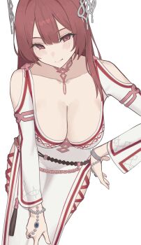 Rule 34 | 1girl, absurdres, beads, blunt bangs, blush, breasts, cleavage, clothing cutout, collarbone, cross-laced slit, dress, hair ornament, hand on own hip, hand on own knee, highres, large breasts, leaning forward, long hair, looking at viewer, original, red eyes, red hair, shoulder cutout, sideless dress, simple background, smile, solo, white background, white dress, ziddol