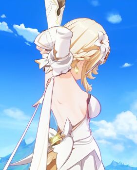 1girl armpits arms_up artist_name back bare_back bare_shoulders blonde_hair blue_sky braid breasts clenched_hand cloud cloudy_sky cowboy_shot day detached_sleeves dress earrings flower from_behind genshin_impact hair_flower hair_ornament highres jewelry juliet_sleeves long_sleeves lumine_(as_heaven_and_earth_are_made_anew)_(genshin_impact) lumine_(genshin_impact) mountain official_alternate_costume official_alternate_hairstyle outdoors puffy_sleeves short_hair sidelocks single_braid single_earring sky sleeveless sleeveless_dress small_breasts solo standing unosaki2 white_dress white_flower white_sleeves wide_sleeves