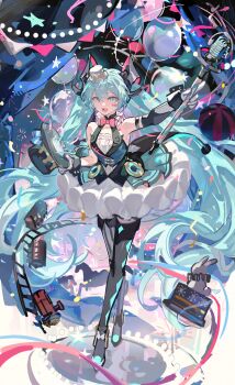 1girl absurdres aqua_eyes aqua_hair balloon black_dress black_sleeves carousel confetti detached_sleeves diamond_print dress hat hatsune_miku highres holding holding_microphone_stand long_hair looking_at_viewer magical_mirai_(vocaloid) magical_mirai_miku magical_mirai_miku_(2019) magician mento microphone microphone_stand mini_hat necktie open_mouth rabbit sleeveless sleeveless_dress smile solo stage striped_clothes striped_thighhighs thighhighs top_hat toy_train train twintails unworn_hat unworn_headwear vertical-striped_clothes vertical-striped_thighhighs very_long_hair vintage_microphone vocaloid white_dress