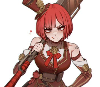 bandaid bow bowtie breasts dress grey_eyes hat highres holding holding_weapon large_breasts looking_at_viewer misg1111 project_moon red_dress red_hair smug stuffed_animal stuffed_toy teddy_bear the_distortion_detective top_hat weapon yuria_(project_moon)