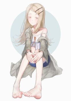 1girl absurdres barefoot blonde_hair blue_background blue_shorts blush collarbone colored_eyelashes commentary_request crane666 denim denim_shorts earrings feet fingernails flipped_hair full_body gakuen_idolmaster grey_robe hair_ornament hairclip highres idolmaster jewelry knees_together_feet_apart knees_up legs long_hair long_sleeves looking_at_viewer open_clothes open_robe orange_eyes orange_ribbon own_hands_together parallel_hairclips parted_lips revision ribbon robe shinosawa_hiro short_shorts shorts simple_background single_off_shoulder sitting solo spread_toes strap_slip stud_earrings swept_bangs toenails toes two-tone_background white_background wide_sleeves wristband