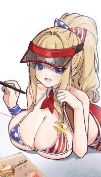 1girl american_flag american_flag_bikini american_flag_print artist_name bare_arms bare_shoulders bikini bikini_top_only blonde_hair blue_eyes bluesky_username blush bow breast_rest breasts breasts_on_table chami_(charming621) cleavage commentary detached_collar dolphin_wave elbow_on_table flag_print flag_print_bikini hands_up high_ponytail highres holding holding_notepad holding_pen kirahoshi_kanna large_breasts leaning_forward leaning_on_table long_hair looking_at_viewer menu neckerchief notepad open_mouth partially_shaded_face pen ponytail print_bikini print_bow red_neckerchief red_skirt sidelocks simple_background skirt solo standing swimsuit table twitter_username untranslatable_commentary upper_body visor_cap waitress white_background wristband