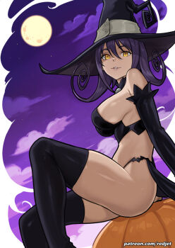 1girl bikini black_bikini black_hat black_thighhighs blair_(soul_eater) breasts cloud commentary curly_hair full_moon halloween hat large_breasts looking_at_viewer moon night night_sky outdoors pumpkin purple_hair purple_sky redjet short_hair sitting sky solo soul_eater swimsuit thighhighs witch_hat yellow_eyes