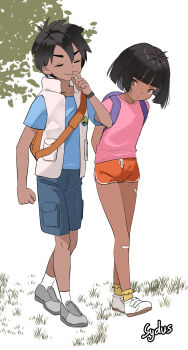 1boy 1girl arms_behind_back artist_name backpack bag black_hair blue_shirt blue_shorts blunt_bangs dark-skinned_female dark-skinned_male dark_skin diego_marquez dolphin_shorts dora_marquez dora_the_explorer full_body grass grey_shoes high_collar highres looking_at_another orange_shorts outdoors pink_shirt purple_bag shirt shoes short_sleeves shorts simple_background smile sydus tree v-shaped_eyebrows vest white_background white_vest