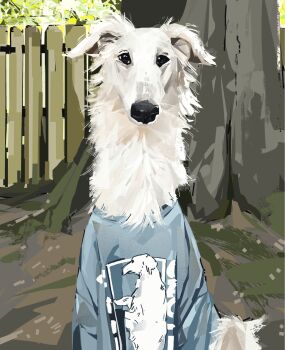 animal animal_focus black_eyes blue_shirt clothed_animal commentary commission dog english_commentary highres junbuug looking_at_viewer no_humans original outdoors shirt solo straight-on upper_body white_dog