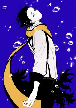 1boy air_bubble aqua_eyes belt black_hair black_pants black_trim blue_background brown_belt bubble closed_mouth commentary_request hair_slicked_back highres long_scarf long_sleeves looking_back male_focus mochizuki_ryouji otoko_haza pants persona persona_3 scarf shirt shirt_tucked_in short_hair sleeve_cuffs solo standing suspenders white_shirt yellow_scarf
