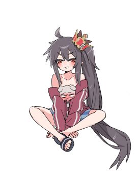 1girl absurdres ahoge bare_shoulders between_legs black_hair black_shoes blue_shorts blush collarbone commentary_request full_body grin hair_ornament highres indian_style jacket je_o_mo korean_commentary long_hair long_sleeves looking_at_viewer off_shoulder pointy_ears red_eyes red_jacket risty_(trickcal) sandals shoes shorts side_ponytail sidelocks simple_background sitting smile solo track_jacket trickcal v-shaped_eyebrows very_long_hair white_background