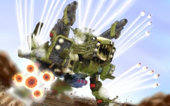 absurdres cannon claws commentary fangs firing highres itano_circus liger_zero_panzer mecha missile missiles no_humans robot smoke smoke_trail solo yellow_eyes yoroshi_(yoroshii_seikatsu) zoids zoids_shinseiki/zero