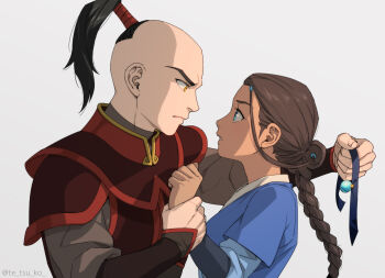 1boy 1girl armor avatar:_the_last_airbender avatar_legends black_hair blue_eyes braid brown_hair chinese_armor dark-skinned_female dark_skin eye_contact holding holding_another's_wrist holding_unworn_clothes katara long_hair long_sleeves looking_at_another looking_at_viewer no_choker simple_background single_braid tetsukuzu_tetsuko white_background yellow_eyes zuko
