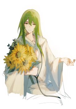 1other absurdres androgynous chinese_commentary commentary_request cropped_torso enkidu_(fate) fate/grand_order fate_(series) flower green_eyes green_hair hair_between_eyes highres holding holding_flower long_hair other_focus robe sili5291 simple_background smile solo sunflower white_background white_robe