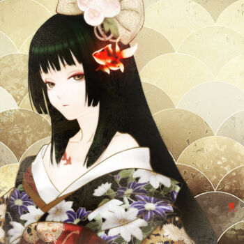 1girl bare_shoulders black_hair brown_eyes commentary_request expressionless fish flat_chest flower goldfish hair_flower hair_ornament hime_cut japanese_clothes kimono long_hair original solo wolfina