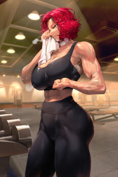 1girl abs absurdres bare_shoulders bench black_pants black_sports_bra breasts brown_eyes ceiling ceiling_light cleavage clenched_hand closed_mouth dumbbell exercise_machine gym high-waist_pants highres holding holding_towel indoors large_breasts mixed-language_commentary mole mole_under_eye muscular muscular_female original pants qtime_702 red_hair short_hair solo sports_bra standing sweat tan towel wiping_sweat yoga_pants