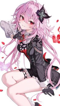 1girl absurdres black_dress black_gloves black_liquid border breasts bug butterfly crescent_moon dress evernight_(honkai:_star_rail) flower gloves hair_flower hair_ornament hashtag-only_commentary highres honkai:_star_rail honkai_(series) insect long_hair march_7th_(honkai:_star_rail) medium_breasts moon night pink_hair pu_ht red_eyes sitting smile solo thighs very_long_hair white_border