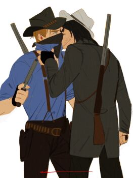 2boys arm_up arthur_morgan bandana belt black_bandana black_gloves black_hair black_hat black_pants blue_eyes blue_shirt brwn_hair clothes_grab coat collared_shirt covered_mouth cowboy cowboy_hat dingnin98201637 fingerless_gloves gloves grey_coat gun gun_on_back handgun hashtag-only_commentary hat highres holding holding_gun holding_weapon holster john_marston kiss looking_at_another male_focus multiple_boys musket open_clothes open_shirt pants popped_collar red_dead_redemption_(series) red_dead_redemption_2 rifle shirt short_hair suspenders weapon weapon_on_back western white_hat yaoi