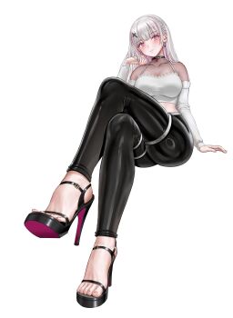 1girl absurdres asumi_sena blush crossed_legs feet highres long_hair looking_at_viewer mianbao_da_niunai multicolored_hair pink_eyes sitting streaked_hair toes vspo! white_hair