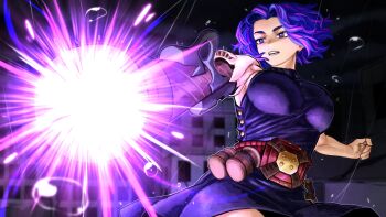 1girl absurdres aka_nobodyy arm_cannon belt boku_no_hero_academia breasts city commentary curtained_hair dress english_commentary highres lady_nagant making-of_available multicolored_hair pink_hair prosthetic_weapon purple_dress purple_eyes purple_hair rain short_hair sleeveless sleeveless_dress solo taut_clothes taut_dress turtleneck turtleneck_dress two-tone_hair utility_belt weapon