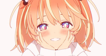 +_+ 1girl 3d blender_(medium) blonde_hair blush bright_pupils cel_rendering commentary dot_nose english_commentary flower grin hair_flower hair_ornament hands_on_own_cheeks hands_on_own_face hands_up head_rest hood hood_down hoodie long_sleeves looking_at_viewer medium_hair mixed-language_commentary multicolored_eyes multicolored_hair orange_hair pink_eyes portrait purple_eyes rinne_(rinrinne) rinrinne rinrinne39_(artist) simple_background smile solo straight-on streaked_hair teeth two_side_up virtual_youtuber white_background white_hoodie white_pupils