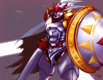 Rule 34 | armor, cape, digimon, digimon (creature), dukemon, highres, holding, holding polearm, holding shield, holding weapon, hudie jun, looking at viewer, polearm, red cape, red eyes, shield, solo, weapon, white armor