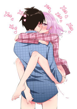 1boy 1girl absurdres aijou_rentarou barefoot blue_shirt blush bottomless brown_hair commentary couple hair_down heart heart-shaped_pupils hetero highres hug kimi_no_koto_ga_dai_dai_dai_dai_daisuki_na_100-nin_no_kanojo kiss leg_lock long_sleeves matching_hair/eyes medium_hair momi_momiji petite pink_eyes pink_hair pink_shirt plaid_clothes plaid_shirt saliva sex shashadog18 shirt simple_background suspended_congress symbol-shaped_pupils testicles unmoving_pattern variant_set white_background