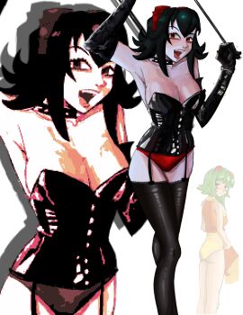 2girls absurdres armpit_peek ass bare_shoulders black_collar black_gloves black_hair black_leotard black_thighhighs breasts cleavage closed_mouth collar collarbone commentary dominatrix elbow_gloves english_commentary fangs gloves goggles goggles_on_headwear green_eyes green_hair gumi hatsuno highres holding holding_whip jacket large_breasts latex latex_gloves leather leather_gloves leather_leotard leotard looking_at_another looking_at_viewer medium_hair multiple_girls one-piece_swimsuit open_mouth orange_jacket panties red-framed_eyewear red-tinted_eyewear red_eyes red_panties sidelocks skirt spiked_collar spikes swimsuit thighhighs thighs tinted_eyewear underwear unworn_skirt vocaloid whip white-framed_eyewear white_background yellow_one-piece_swimsuit zoom_layer zumi