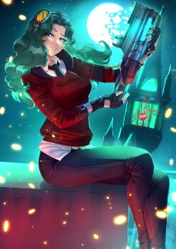 1girl aqua_hair artist_name bishoujo_senshi_sailor_moon black_gloves black_necktie black_pants broken_moon cherry_in_the_sun commentary cosplay crossover english_commentary fingerless_gloves gloves goggles goggles_on_head gun holding holding_gun holding_weapon jacket kaiou_michiru long_hair looking_at_viewer moon name_connection necktie neptune_vasilias night night_sky pants red_jacket rwby shirt sitting sky smile solo weapon white_shirt