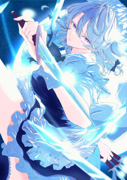 1girl absurdres apron bat_wings bow braid grey_hair hair_bow hashtag-only_commentary highres izayoi_sakuya jan_(lightdragoon) knife maid maid_headdress open_mouth purple_eyes ribbon short_hair solo touhou twin_braids waist_apron wings