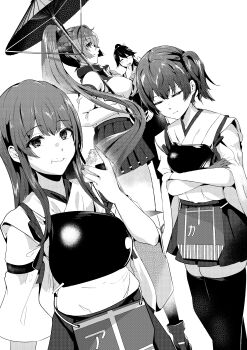 Rule 34 | absurdres, akagi (kancolle), breasts, closed eyes, commentary, crossed arms, eating, endou (zettai bluenoid), food, food on face, greyscale, hair between eyes, hakama, hakama skirt, hand to own mouth, highres, holding, holding food, houshou (kancolle), japanese clothes, kaga (kancolle), kantai collection, kimono, large breasts, long hair, miniskirt, monochrome, multiple girls, muneate, onigiri, pleated skirt, ponytail, side ponytail, skirt, smile, tasuki, thighhighs, yamato (kancolle)