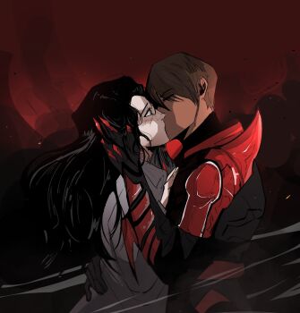 15mikaeruda 2girls absurdres armor black_hair blush bodysuit brown_hair claws closed_eyes coat couple dark-skinned_female dark_skin day_of_wrath_(infinitypilot) demon demon_girl doom_(2016) doom_(series) elena_richardson_(doom) elite_guard_(doom) fanfiction fiery_background fire goodbye hair_over_one_eye hand_on_another's_back hand_on_another's_chest hand_on_another's_hip hand_on_another's_waist hand_on_back hand_on_own_chest hand_on_own_hip height_difference highres holding_detached_head hug kiss lab_coat long_hair monster_girl multiple_girls original pulling_another's_clothes raised_eyebrows red_armor red_background ruby_taylor_(day_of_wrath) sad scientist short_hair smoke soldier warrior white_coat yuri