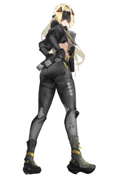 1girl absurdres ass black_shoes blindfold_mask blonde_hair blush breasts camouflage camouflage_jacket camouflage_pants closed_mouth commentary commission cropped_jacket facing_viewer glowing_mask hands_on_own_hips highres jacket long_hair looking_back mask midriff pants shoes sideboob smurtz solo sweat tight_clothes tight_pants trigger_(zenless_zone_zero) white_background zenless_zone_zero
