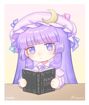 1girl absurdres artist_name book border bow bowtie capelet chibi chibi_only chinese_commentary collared_shirt commentary_request crescent crescent_hat_ornament dated expressionless grimoire hat hat_ornament hat_ribbon highres holding holding_book jitome kiri_(maoxianjiu) light_blush long_hair patchouli_knowledge purple_bow purple_bowtie purple_capelet purple_eyes purple_hair purple_hat purple_shirt reading ribbon shirt solo table touhou white_border yellow_background