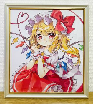 1girl ascot blonde_hair bow closed_mouth collared_shirt commentary_request flandre_scarlet frilled_shirt_collar frills hat hat_bow heart heart_of_string highres long_hair looking_at_viewer mimi_(mimi_puru) mob_cap pointy_ears puffy_short_sleeves puffy_sleeves red_bow red_eyes red_skirt red_vest shirt short_sleeves skirt smile solo string string_of_fate touhou traditional_media vest white_hat white_shirt wings wrist_cuffs yellow_ascot