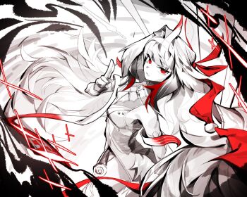 Rule 34 | 1girl, animal ear fluff, animal ears, bare shoulders, breasts, commentary request, dress, droopy ears, floating hair, hairband, highres, horns, kuji-in, long hair, looking at viewer, medium breasts, multicolored hair, red eyes, red hair, see-through horns, solo, tail, very long hair, white dress, white hair, white hairband, white tail, wifi12341234, ye shunguang, ye shunguang (enlightened state), zenless zone zero