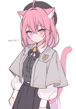 Rule 34 | 1girl, ahoge, animal ears, arms at sides, beret, black bow, black bowtie, black skirt, blush, bow, bowtie, breasts, brooch, buttons, cat ears, cat tail, collared shirt, commentary request, double-breasted, hair between eyes, hat, highres, jewelry, long hair, long sleeves, looking at viewer, lows., original, pink eyes, pink hair, pink tail, plaid clothes, plaid vest, pleated skirt, puffy sleeves, ruka (lows.), school emblem, school uniform, shirt, shrug (clothing), simple background, skirt, small breasts, solo, tail, translated, upper body, vest, white background
