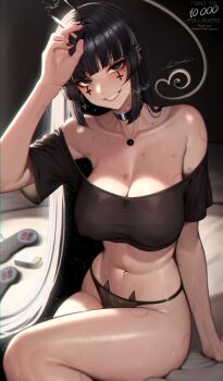 1girl absurdres animal_print bare_shoulders bite_mark bite_mark_on_arm bite_mark_on_breast bite_mark_on_leg bite_mark_on_shoulder bite_mark_on_thigh black_choker black_eyes black_hair black_panties black_shirt breasts cat_panties cat_print chinese_commentary choker chromatic_aberration cigarette cigarette_pack cleavage collarbone commentary controller covered_erect_nipples crop_top crossed_legs ear_piercing earrings facial_mark game_controller gamepad grin groin hickey highres holding holding_cigarette jewelry korean_commentary large_breasts long_hair long_sidelocks looking_at_viewer mixed-language_commentary mole mole_under_eye navel off_shoulder on_bed original panties piercing print_panties shirt shiwudesu sidelocks signature sitting smile smoke solo stomach sweat underwear very_long_hair