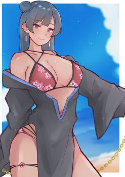1girl absurdres alternate_costume bare_shoulders bikini black_hair black_robe blue_sky blurry blurry_background breasts cherry_blossom_print cleavage closed_mouth collarbone commentary_request cosplay cowboy_shot day earrings floating_earrings floral_print hair_bun highres jewelry kurosawa_dia kurosawa_dia_(cosplay) large_breasts light_blush long_hair looking_at_viewer love_live! love_live!_sunshine!! mature_female multi-strapped_bikini_bottom multi-strapped_bikini_top ocean outdoors print_bikini purple_eyes red_bikini robe single_hair_bun single_side_bun sky smile solo standing swimsuit tsushima_yoshiko's_mother ub_takami
