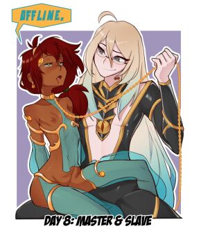 1boy 1girl ahoge aqua_hair bare_shoulders bdsm blonde_hair border breasts bright_pupils chain chain_leash character_request commentary dark-skinned_female dark_skin drooling earrings english_commentary english_text glasses gradient_hair green_eyes grey_eyes hair_between_eyes harem_pants highres holding holding_leash jewelry kinktober leash long_hair looking_at_another low_ponytail malberrybush malyna_(malberrybush) multicolored_hair navel nipples open_mouth original outline outside_border pants ponytail purple_background red_hair rolling_eyes simple_background sitting sitting_on_lap sitting_on_person slave small_breasts smirk transparent_harem_pants white_border white_outline