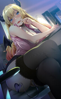 1girl bad_id bad_twitter_id bat_wings binder black_thighhighs blonde_hair blue_eyes blush breasts chair cleavage collared_shirt crossed_legs demon_girl demon_horns demon_tail demon_wings desk finger_to_mouth frilled_shirt frills fumihiko_(fu_mihi_ko) hair_between_eyes highres holding holding_pen hololive horns lace lace-trimmed_legwear lace_trim lamp large_breasts lipstick makeup multicolored_hair nail_polish office office_chair open_mouth orange_hair pen pink_nails pink_shirt shirt sitting skirt solo streaked_hair swivel_chair tail thighhighs tongue two-tone_hair virtual_youtuber wings yuzuki_choco yuzuki_choco_(1st_costume)