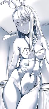 1girl absurdres animal_ears arm_support asymmetrical_bangs blush bow bowtie breasts commentary covered_navel cowboy_shot detached_collar english_commentary fake_animal_ears greyscale hair_ornament hairband hairclip head_cha_la highleg highleg_leotard highres hip_bones ijiranaide_nagatoro-san indoors leotard long_hair monochrome nagatoro_hayase playboy_bunny puff_of_air rabbit_ears raised_eyebrow sigh small_breasts solo standing strapless strapless_leotard sweatdrop traditional_bowtie