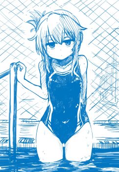 1girl blue_theme chain-link_fence competition_swimsuit cowboy_shot fence flat_chest folded_ponytail gluteal_fold highres inazuma_(kancolle) kantai_collection looking_at_viewer monochrome one-piece_swimsuit pool_ladder poolside solo standing swimsuit unagiman wading